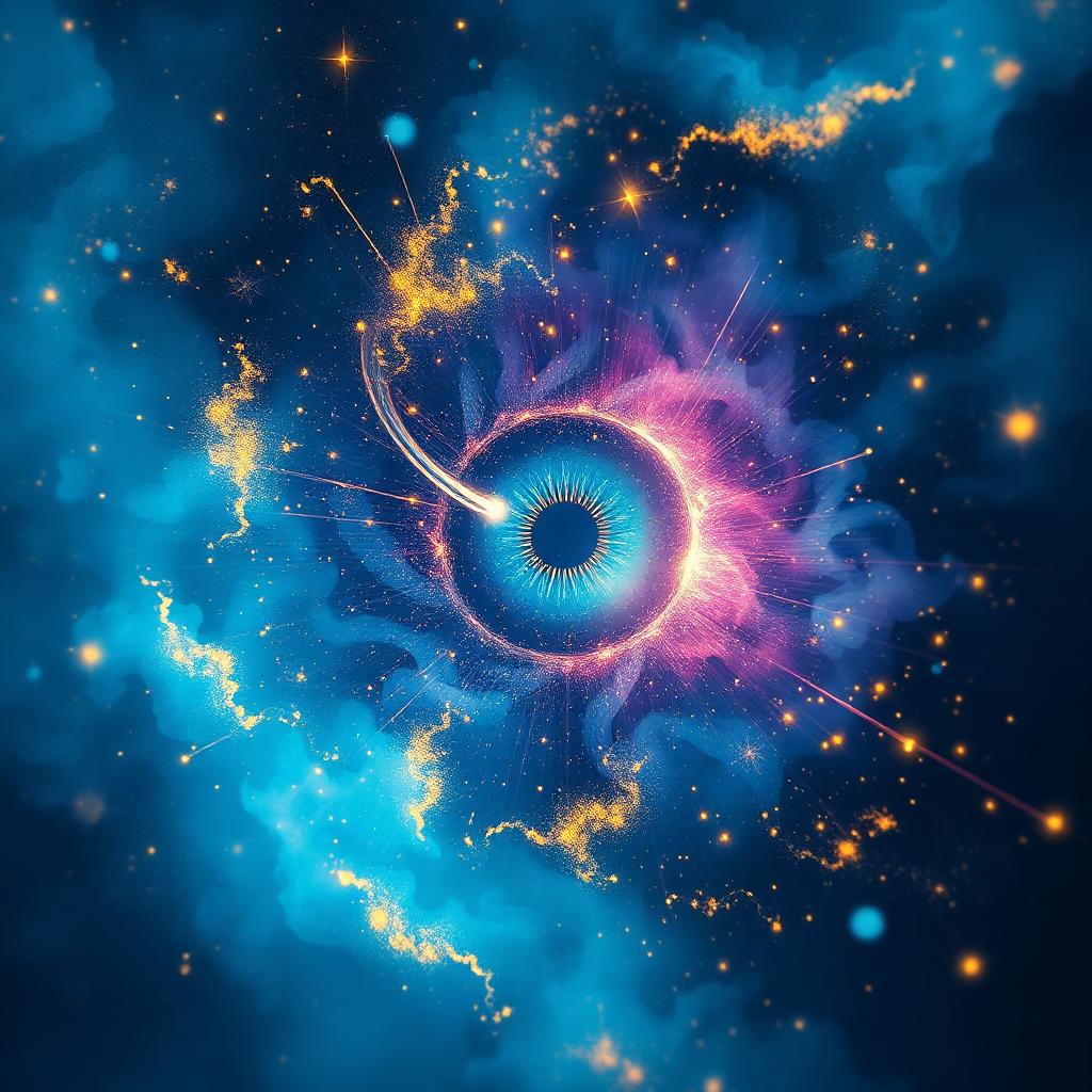 A luminous eye emerging from a nebula of quantum interference patterns