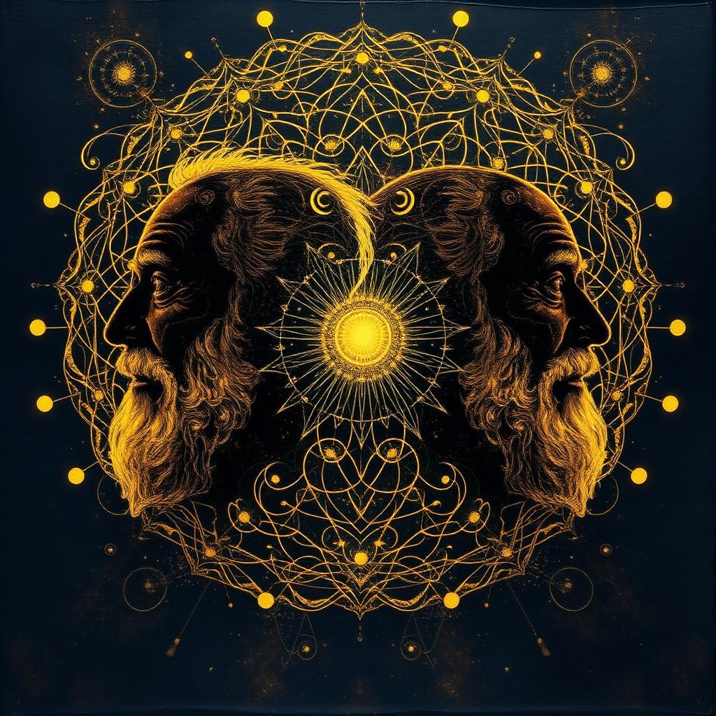 Two mirrored silhouettes evoking Bohm and Jung joined by a golden mandala of connecting threads