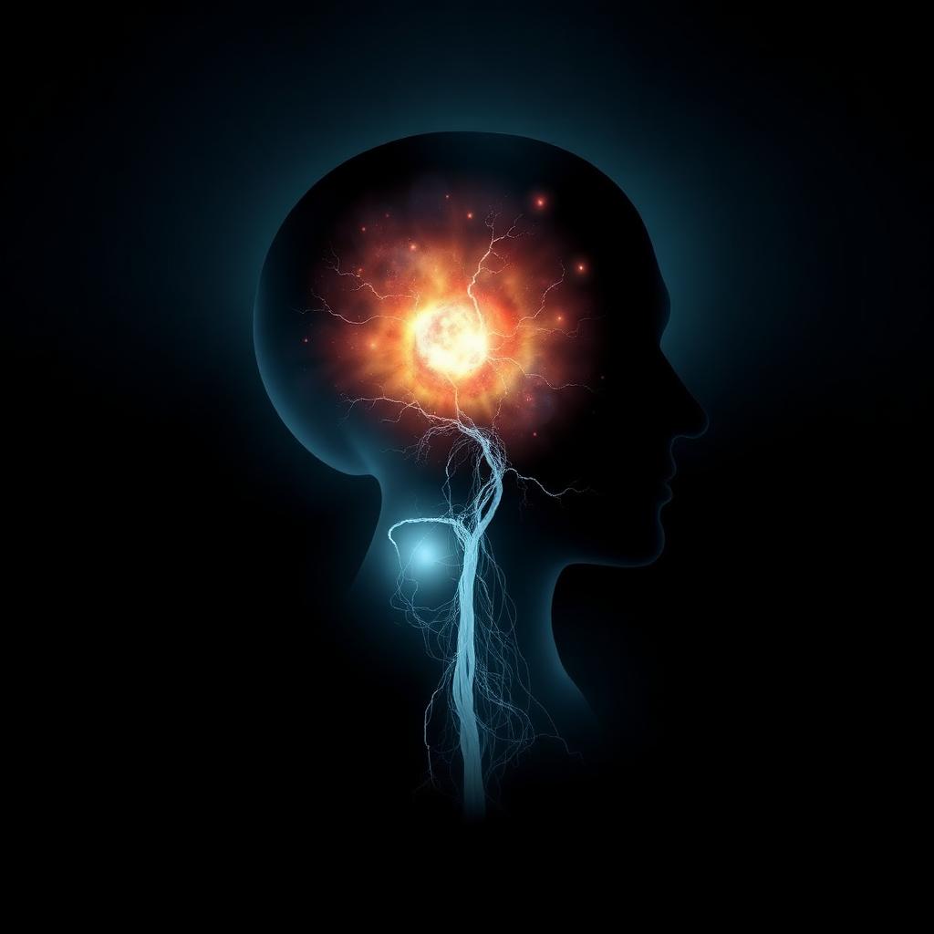 A silhouetted human head with a glowing nebula inside representing the mystery of consciousness