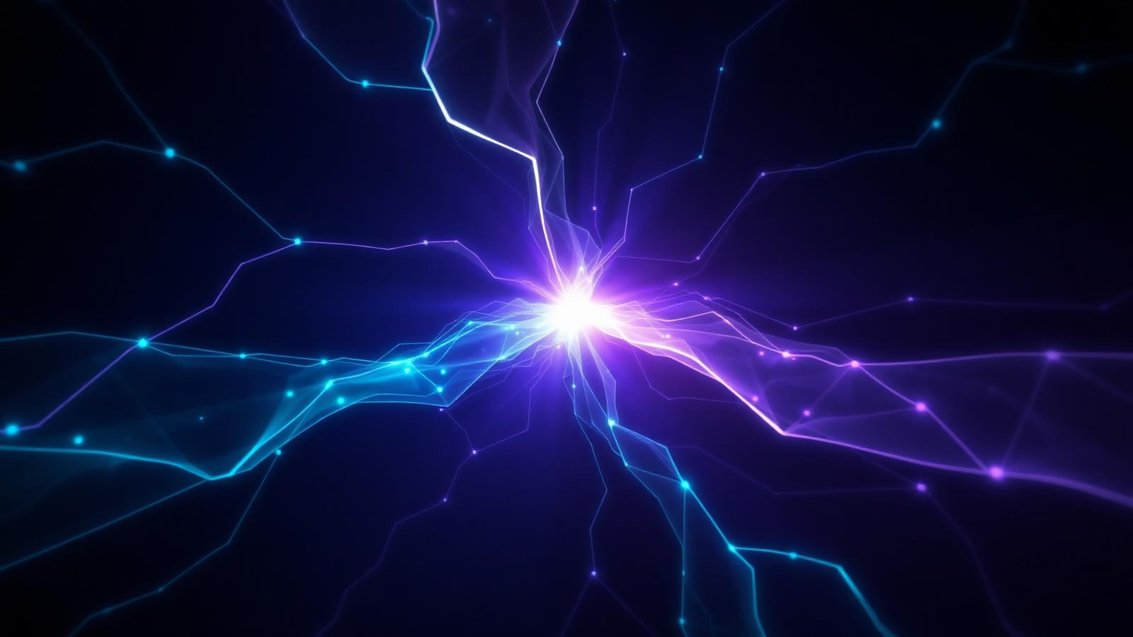 Branching paths of teal and violet light splitting from a single point of brightness