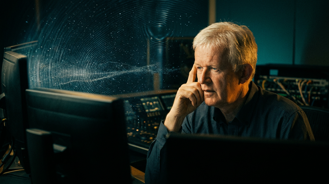 Portrait of filmmaker Paul Howard in a darkened edit suite, cosmic interference patterns rippling across the screens behind him
