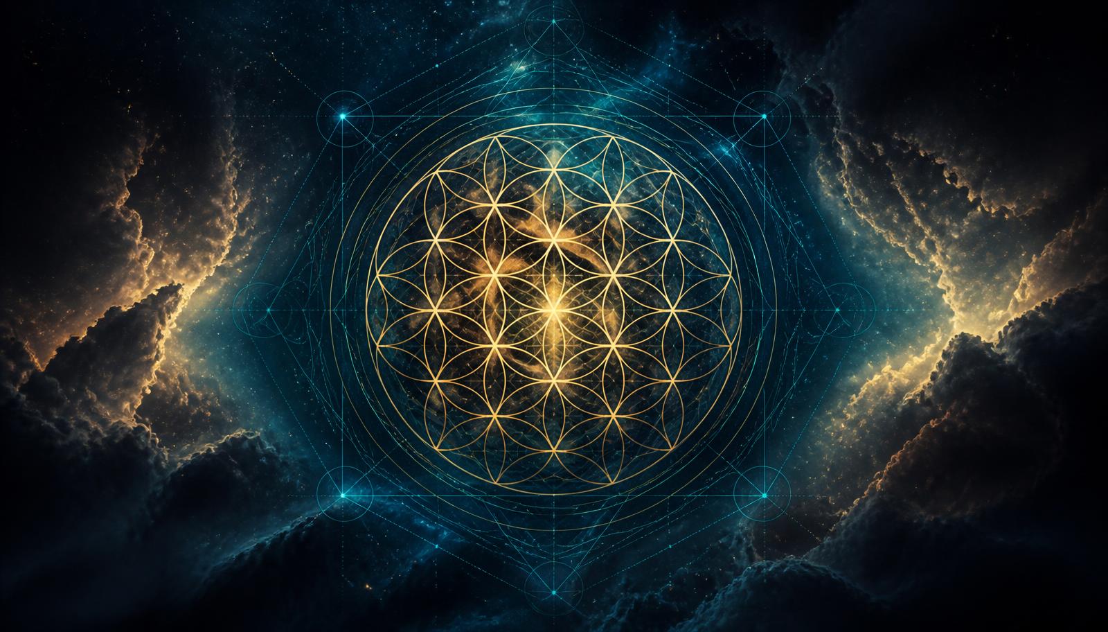 Golden Flower of Life sacred geometry pattern glowing over a deep blue cosmic nebula