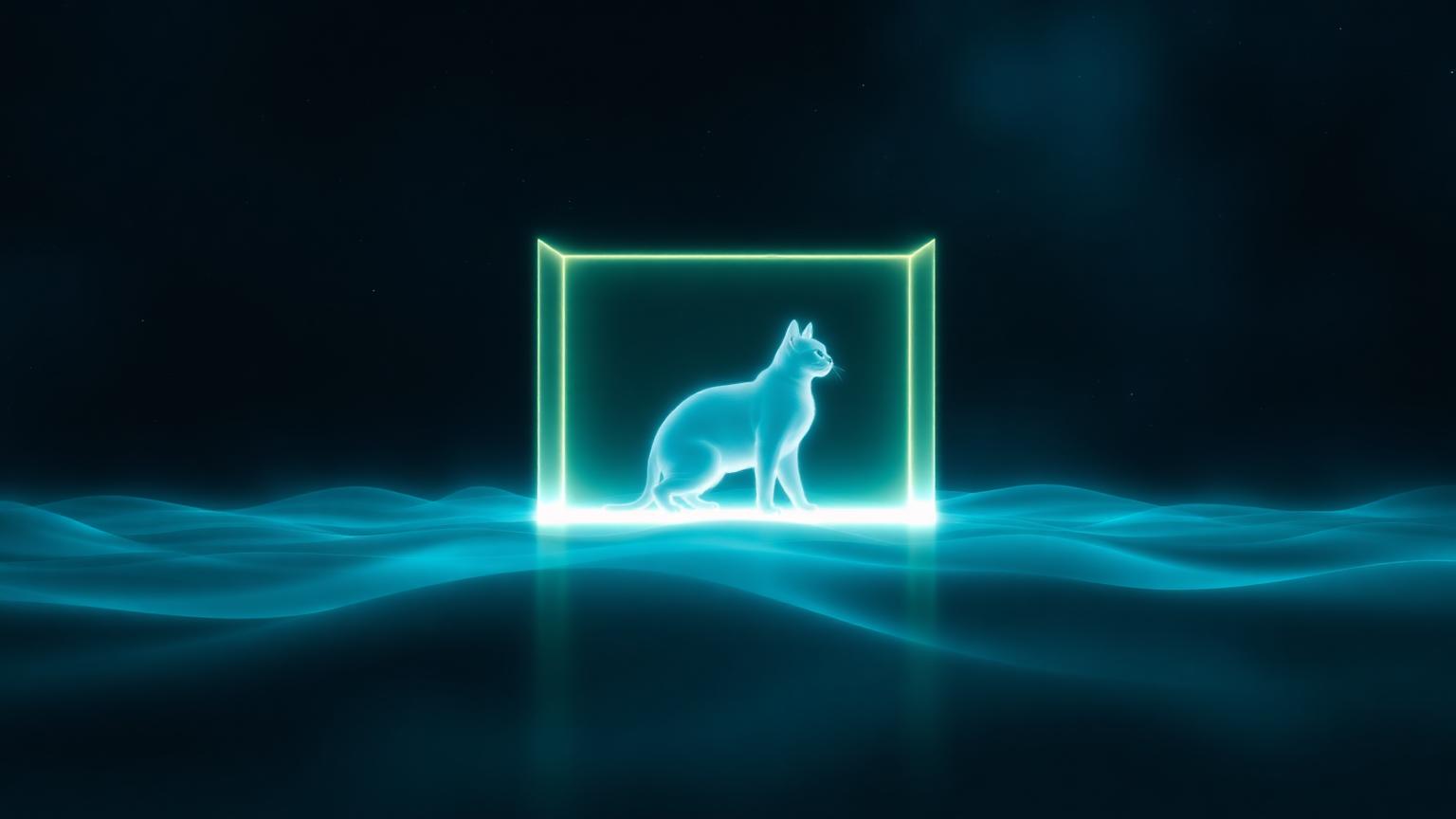 A glowing translucent cat silhouette inside a luminous box of light above waves of teal energy