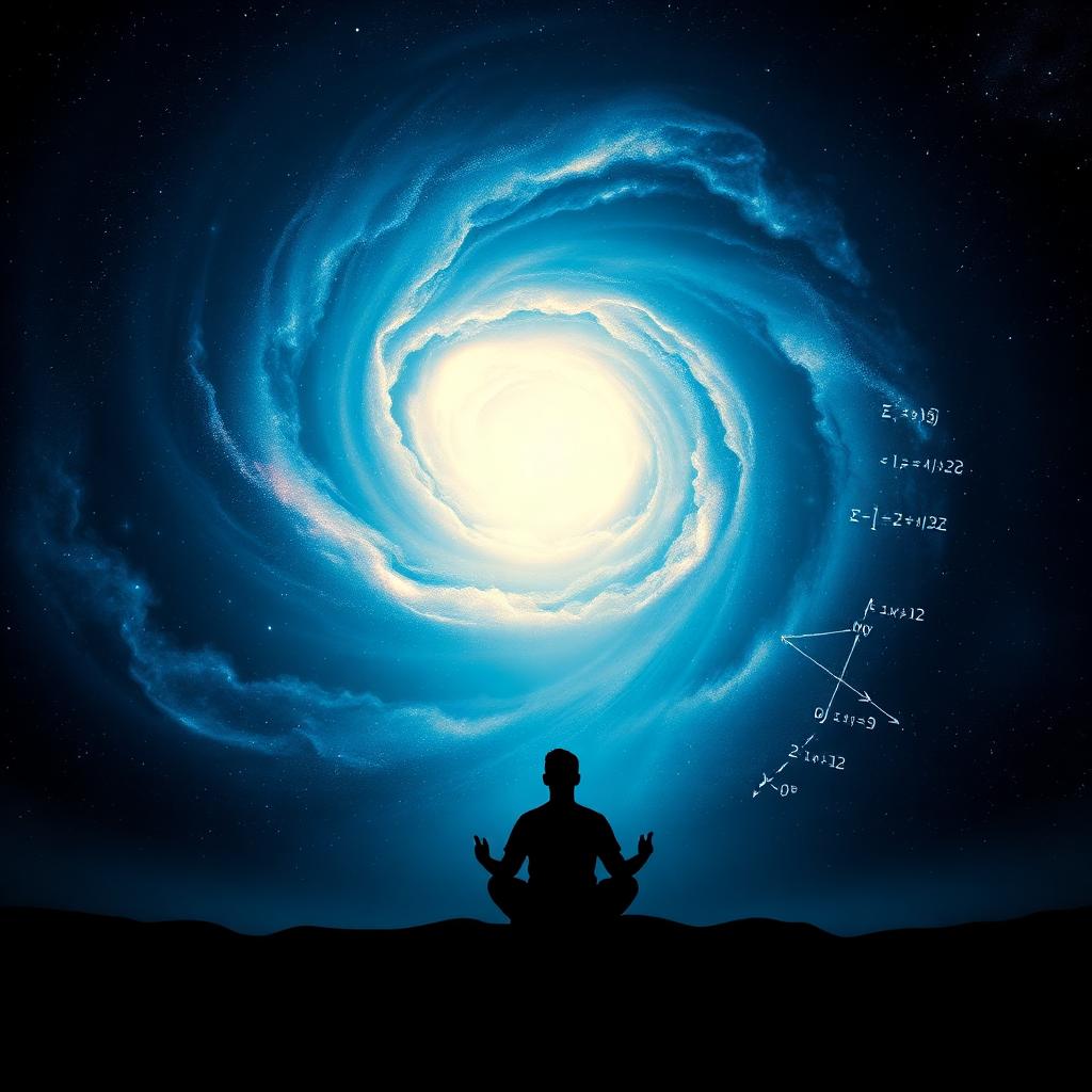 A meditating figure beneath a spiraling galaxy with faint equations dissolving into light