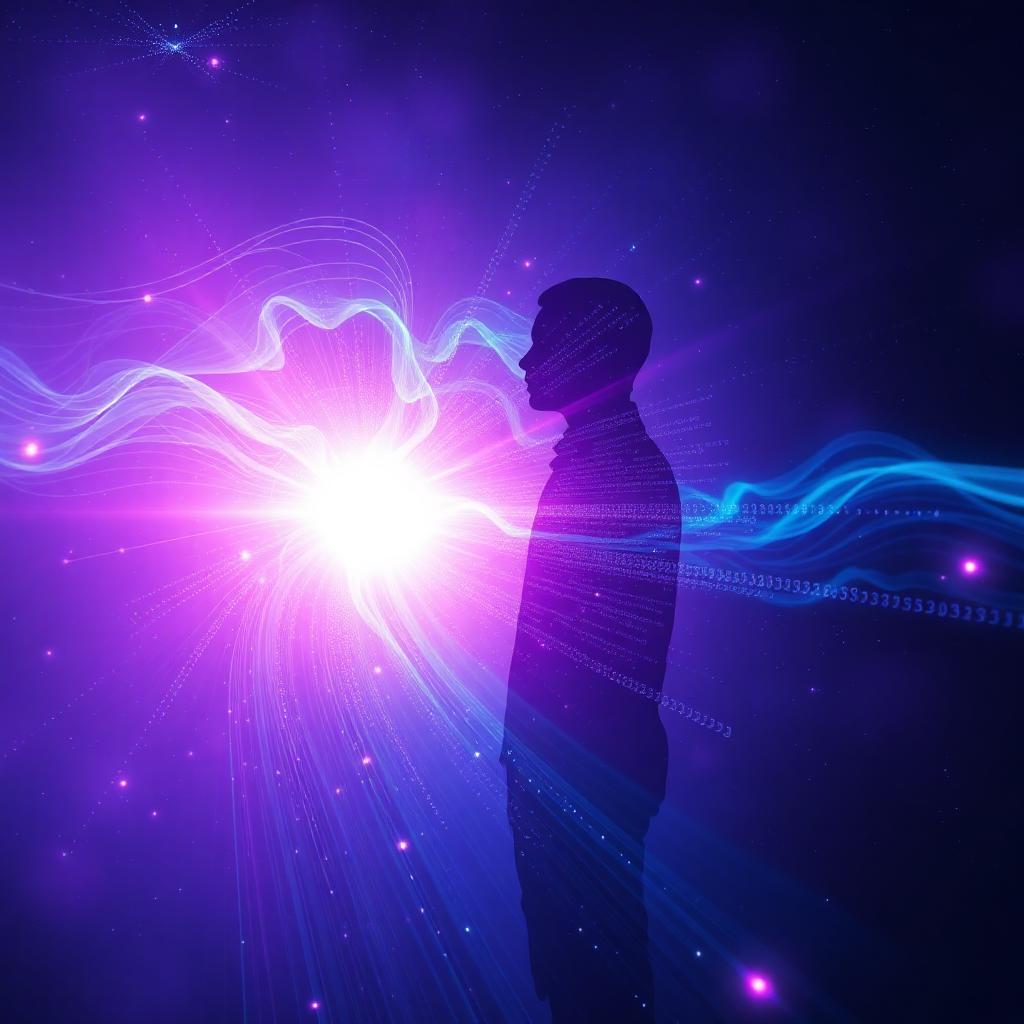 Human silhouette merging with flowing digital code and cosmic light, evoking simulation theory